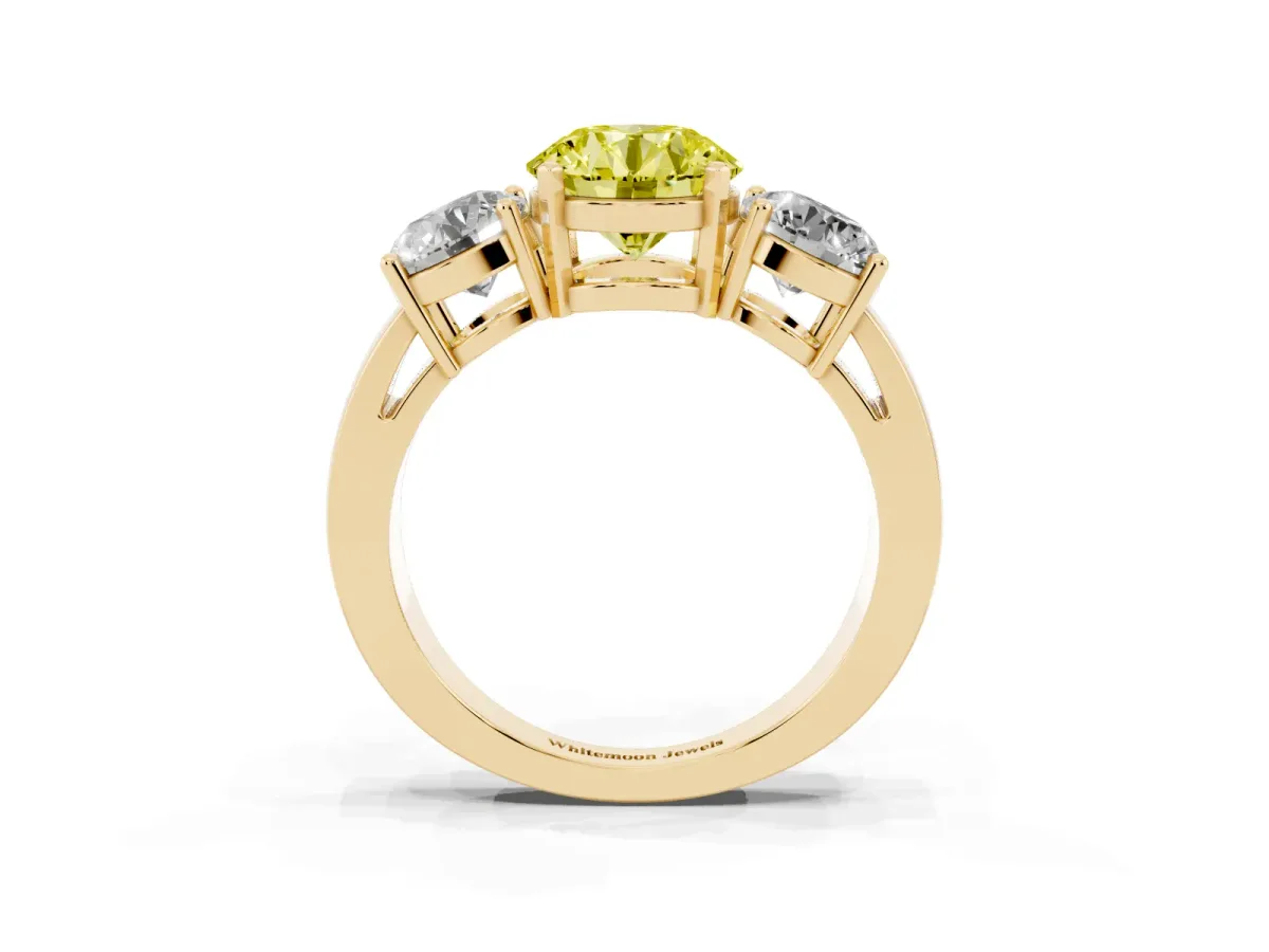 Fancy Yellow Three-Stone Round Cut Diamond Ring with Round Side Stones, Classic Band, and Four-Prong Setting Yellow gold