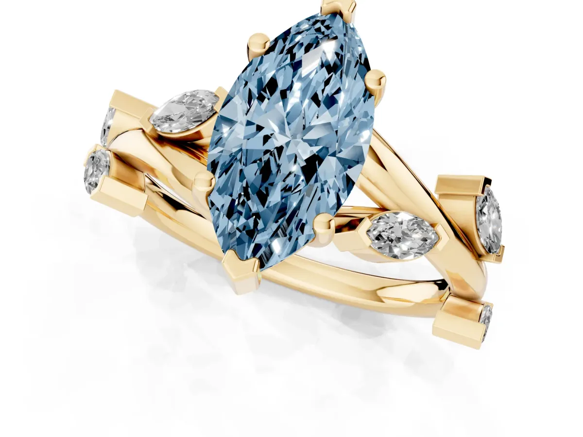 Fancy Blue Marquise Cut Solitaire Twisted Band Marquise Accent Prong Setting Ring Yellow gold
