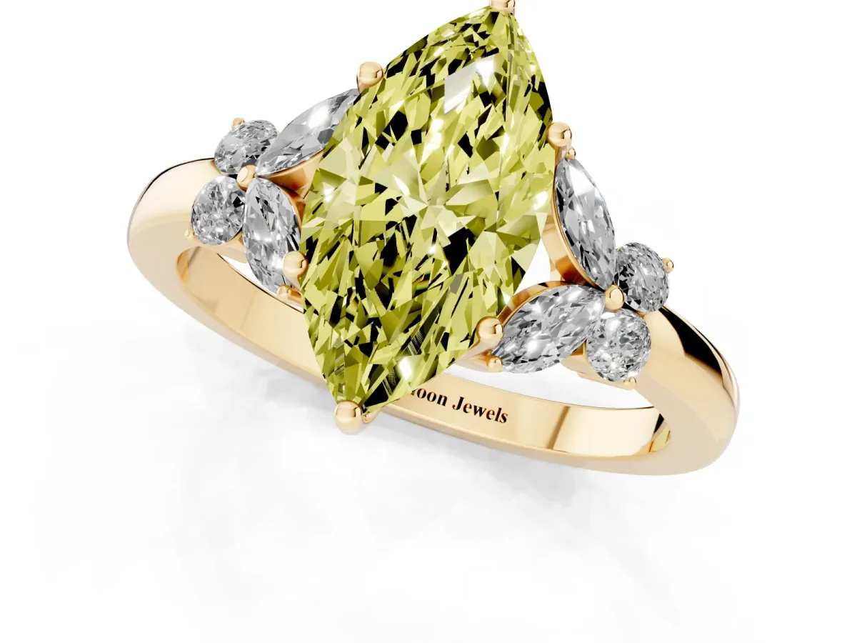 Fancy Yellow Marquise Cut Cut Solitaire Floral Diamond Ring with Four-Prong Setting Yellow gold
