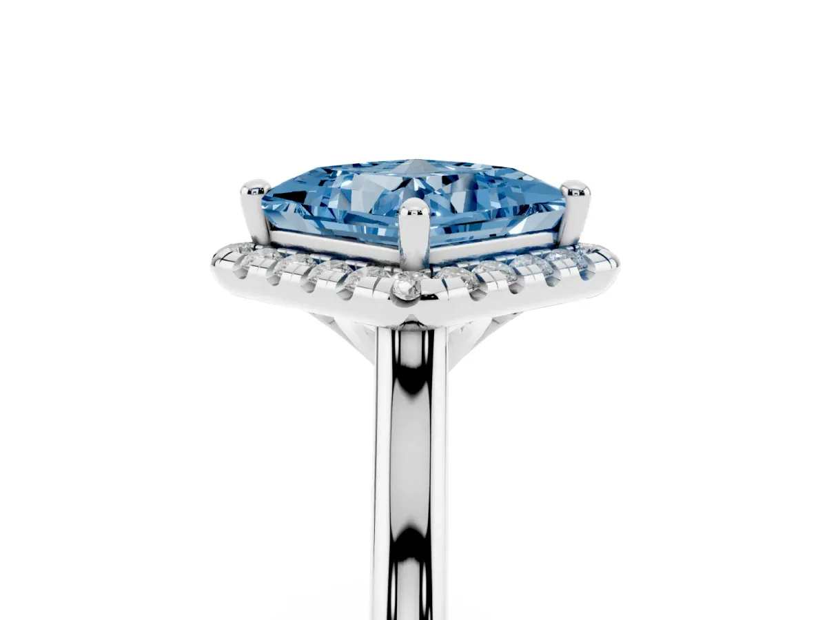 Fancy Blue Princess Cut Halo Round Diamond Solitaire Engagement Ring with Pave Band and Four-Prong Setting White gold