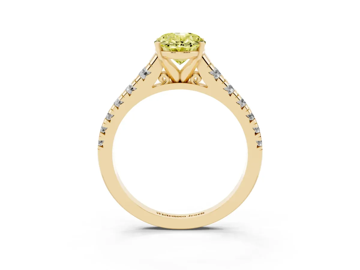 Fancy Yellow Oval Cut Diamond Cathedral Solitaire Ring with Round Pavé Band Yellow gold
