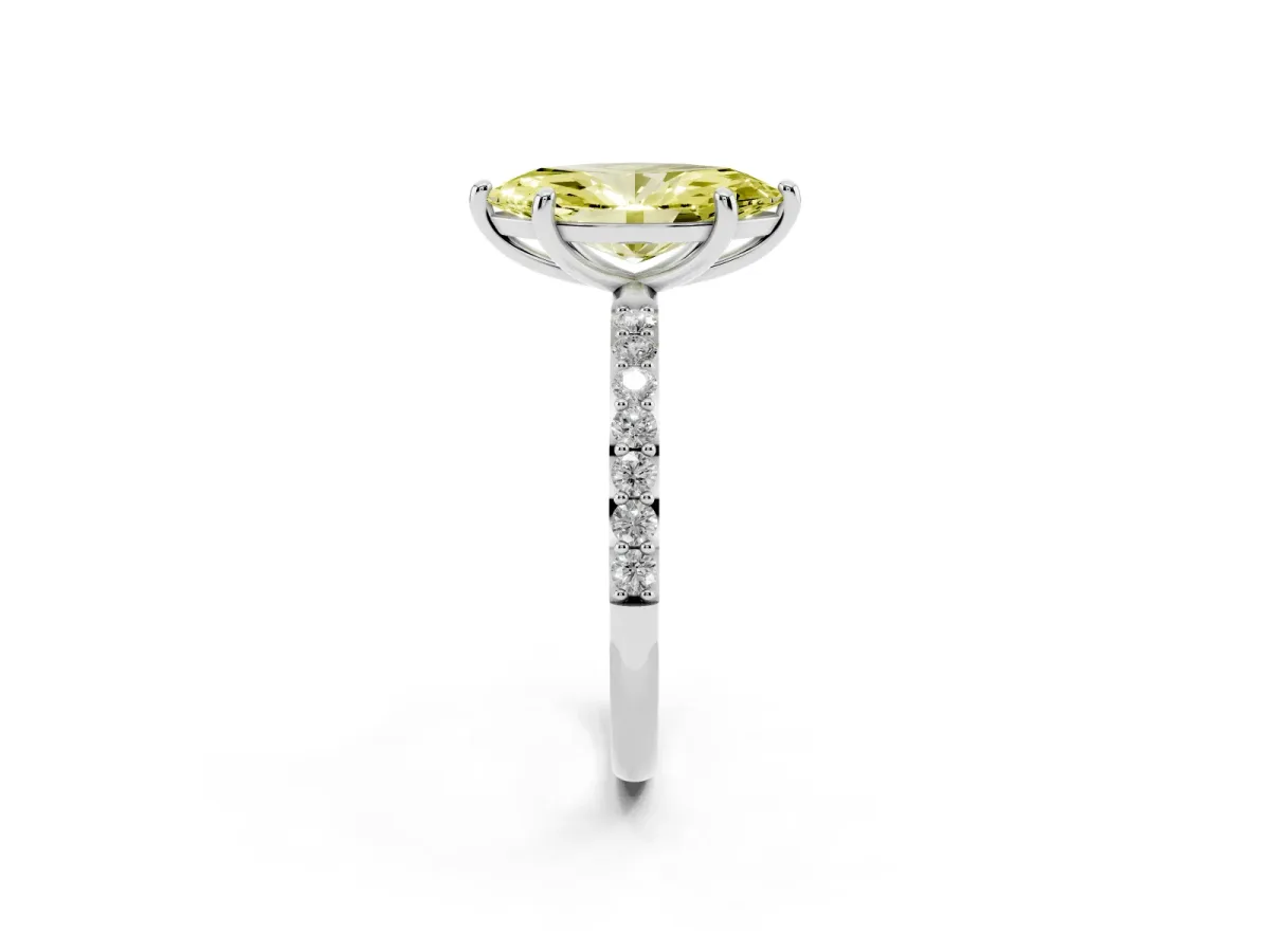 Fancy Yellow Marquise Cut Diamond Solitaire Ring with Round Pavé Band and Prong Setting Silver