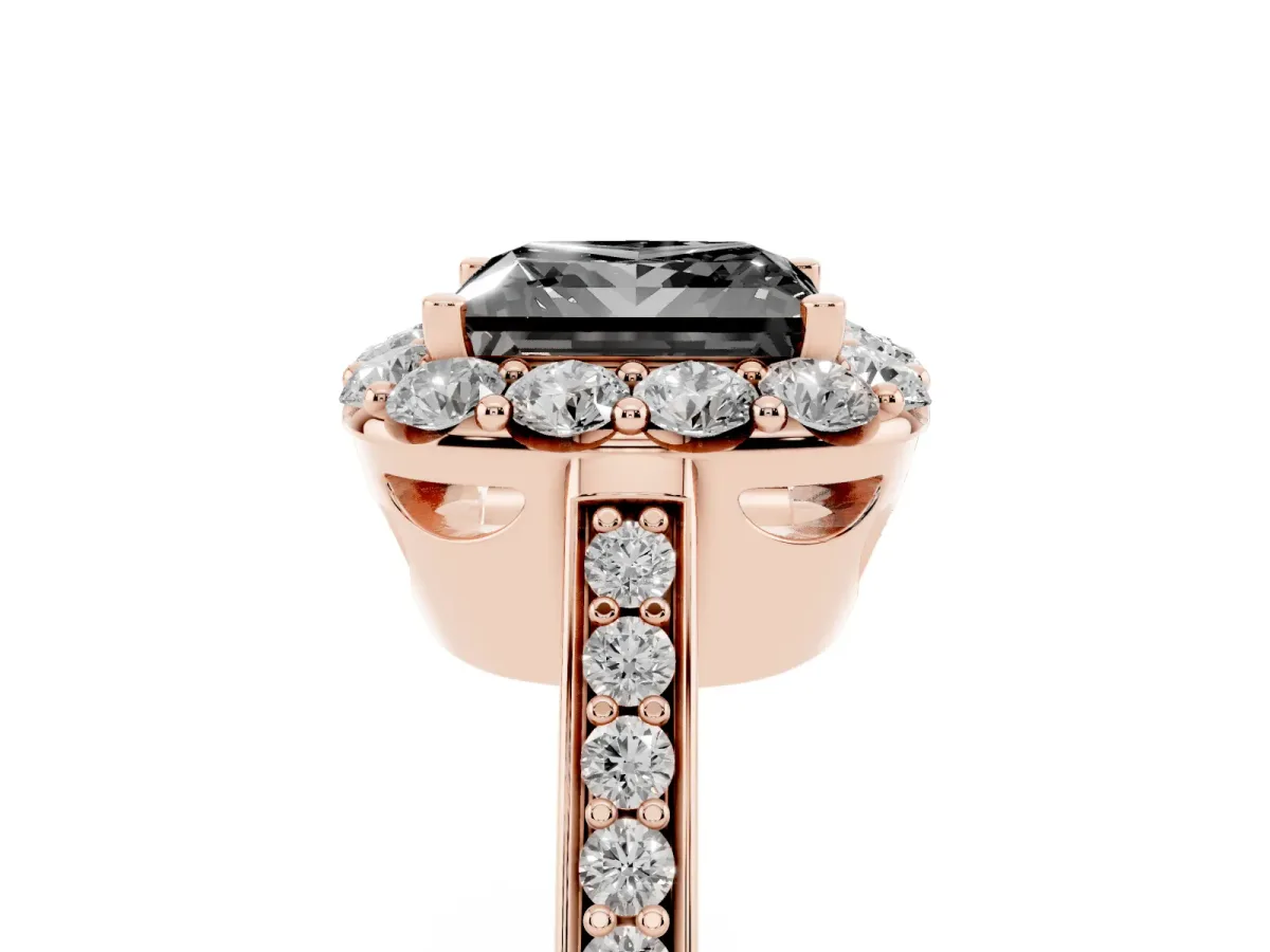 Fancy Black Princess Cut Diamond Floral Halo Ring with Pavé Band and Prong Setting Rose gold