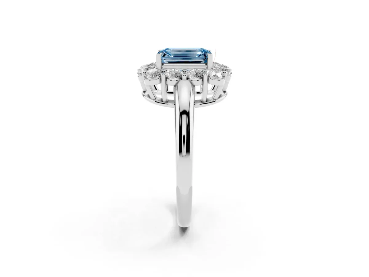 Fancy Blue Emerald Cut Halo Cluster Diamond Engagement Ring with Prong Setting and Polished Band Silver