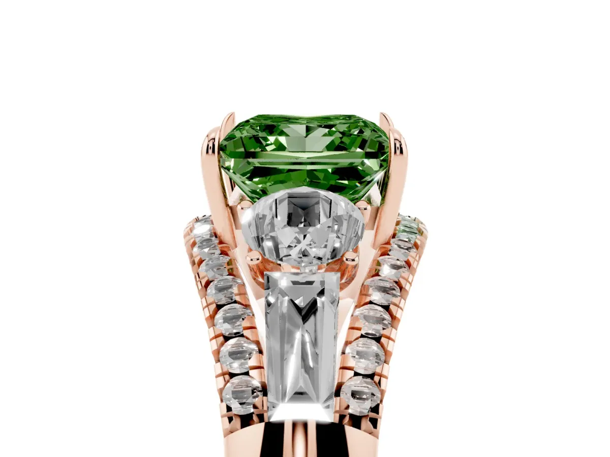 Fancy Green Three-Stone Princess Cut Diamond Engagement Ring with Pave Band and Prong Setting Rose gold