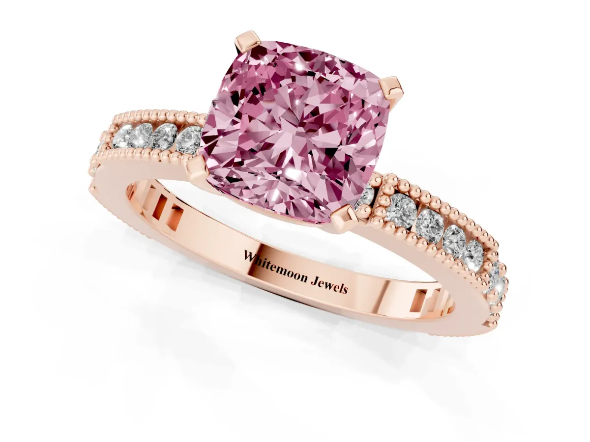 Fancy Pink Cushion Cut Solitaire with Pavé Band and Four-Prong Setting Rose gold