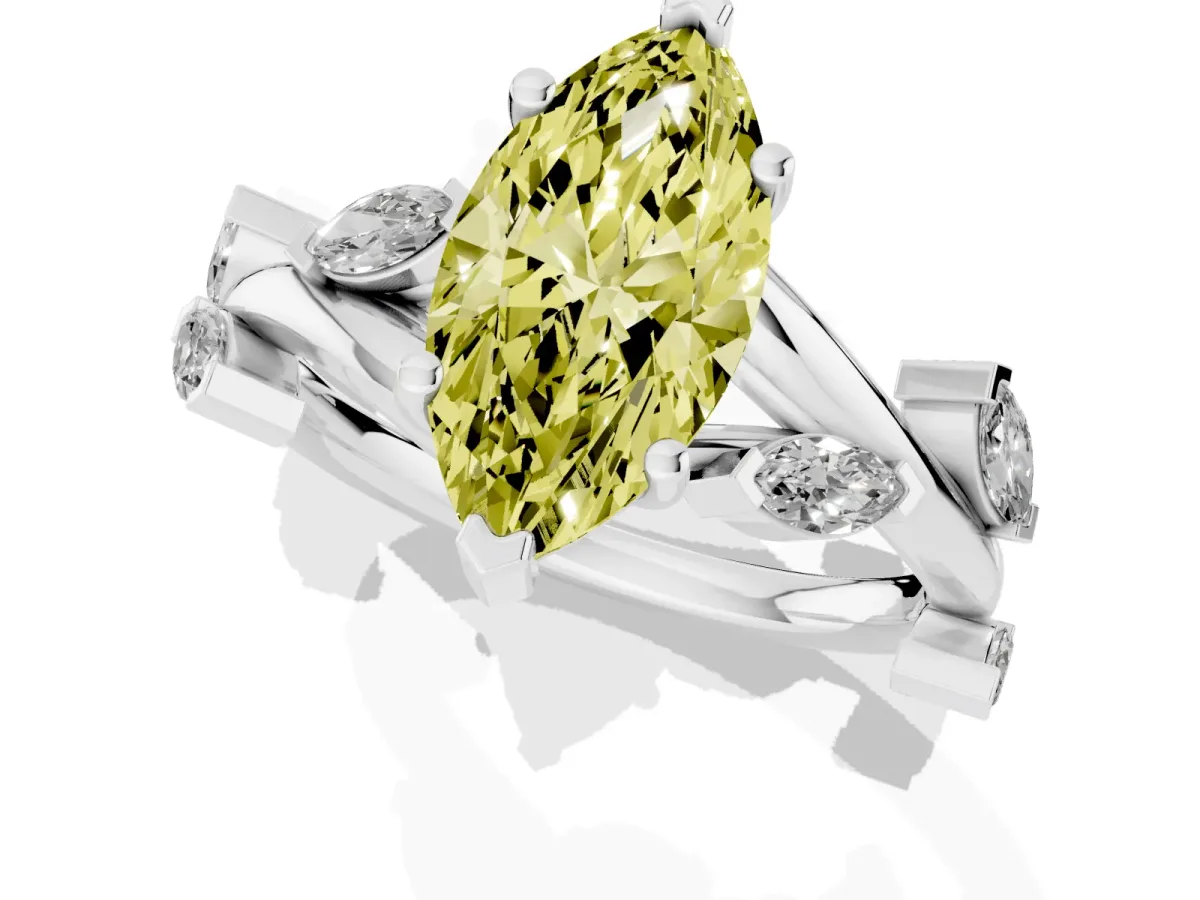 Fancy Yellow Marquise Cut Solitaire Twisted Band Marquise Accent Prong Setting Ring Silver