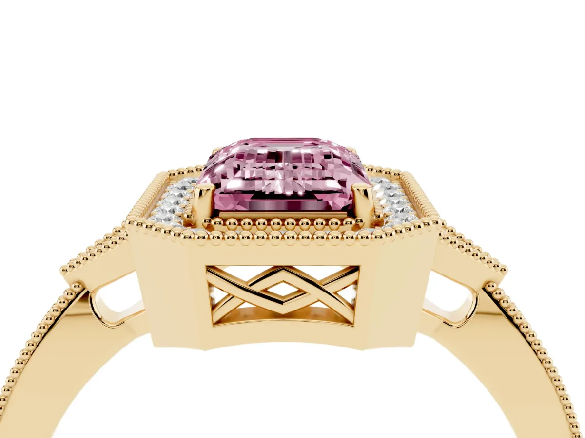 Fancy Pink Emerald Cut Halo Round Diamond Milgrain Pave Engagement Ring Yellow gold