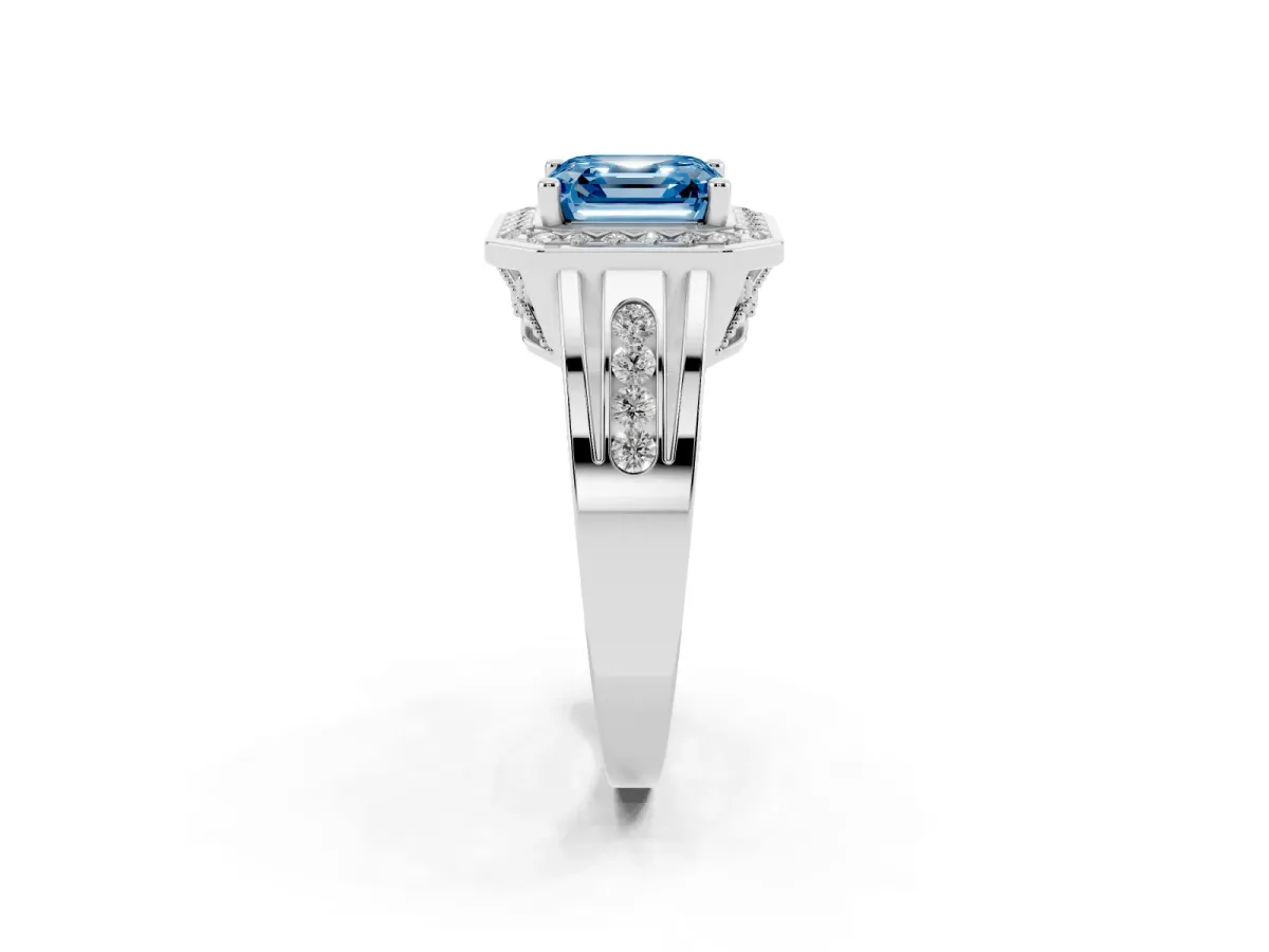 Fancy Blue Asscher Cut Diamond Halo Ring with Split Shank and Bezel Accents and Prong Setting Silver