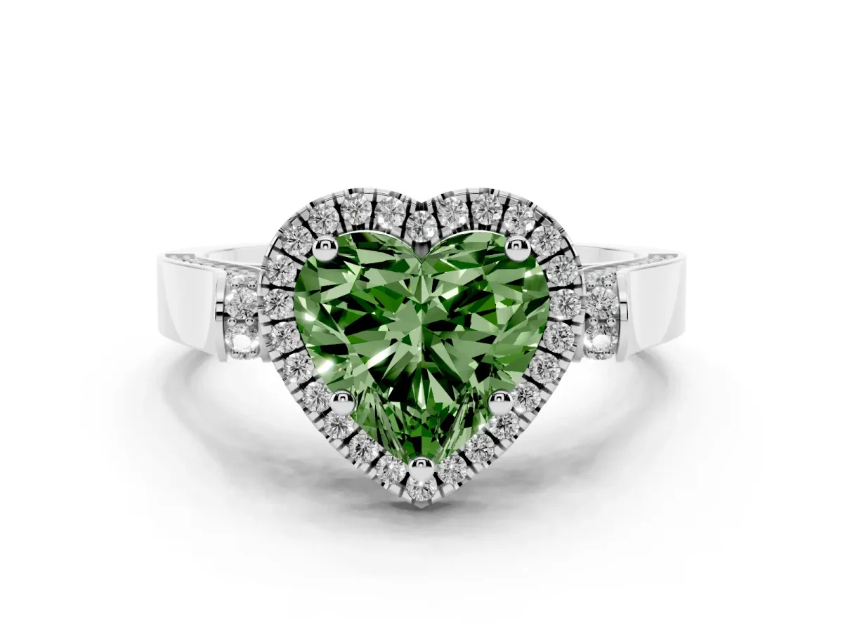 Fancy Green Heart Cut Halo Round Diamond Twist Band with Four-Prong Setting Silver