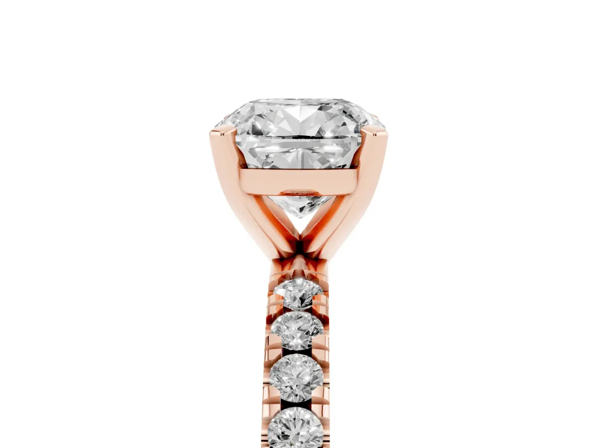 Cushion Cut Diamond Pavé Band Solitaire with Four-Prong Setting Rose gold