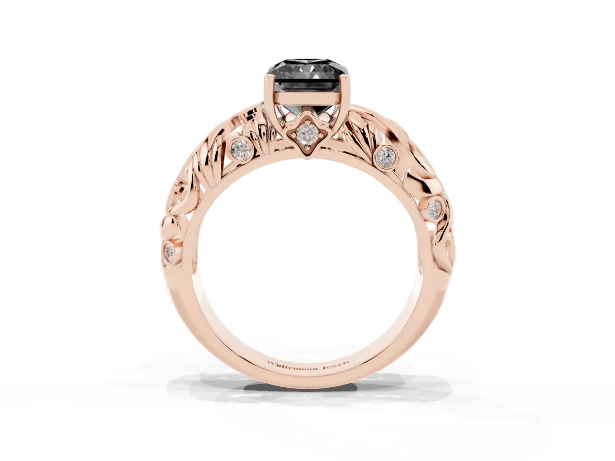 Fancy Black Radiant Cut Solitaire Diamond Leaf-Inspired Vine Band Ring with Prong Setting Rose gold