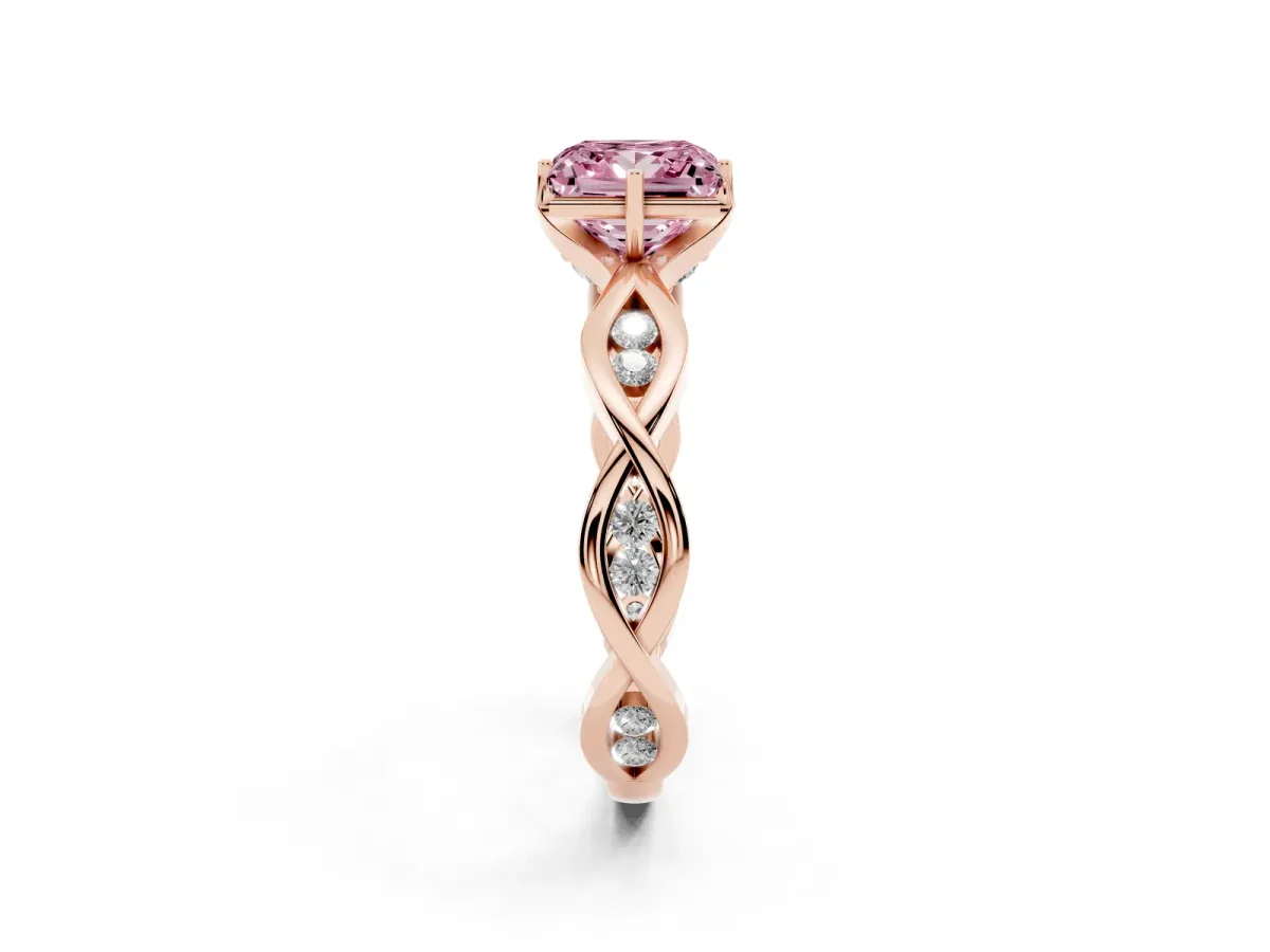 Fancy Pink Princess Cut Solitaire Twist Band with Leaf Prong Setting Rose gold