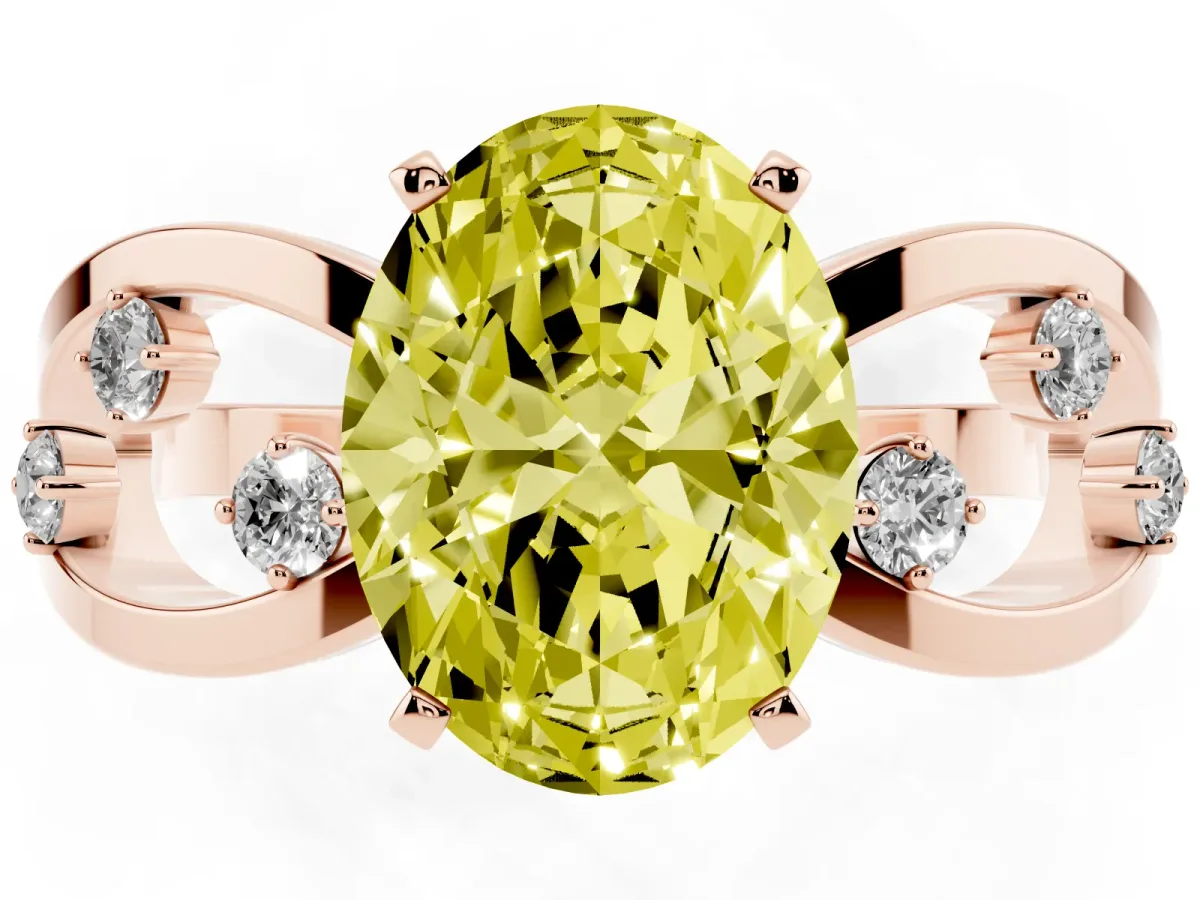 Fancy Yellow Oval Cut Cut Solitaire Diamond with Side Stones on Criss-Cross Band and Four-Prong Setting Rose gold