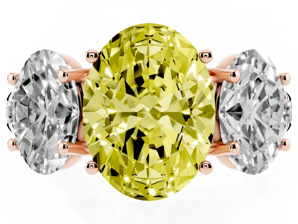 Fancy Yellow Three-Stone Oval Cut Diamond Pavé Band with Prong Setting Rose gold