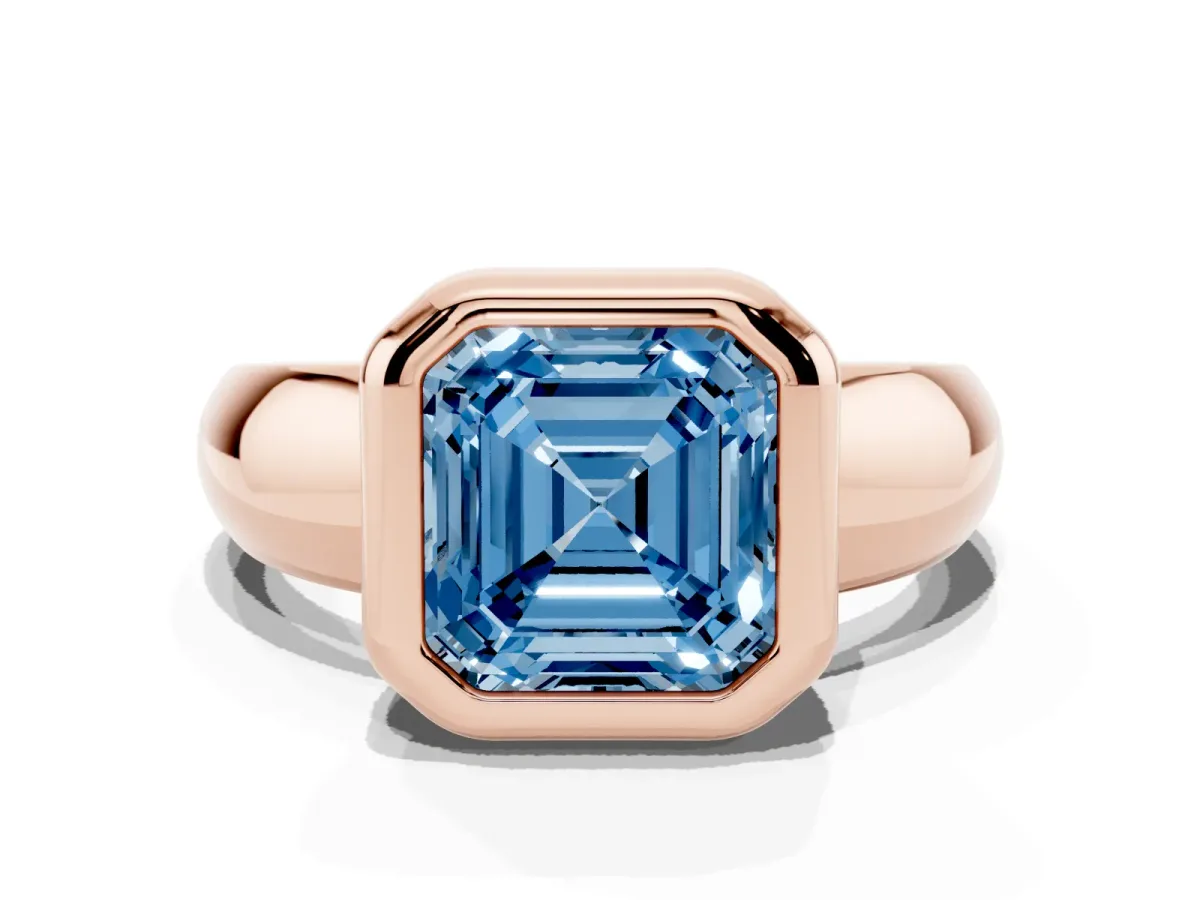 Fancy Blue Bezel Set Asscher Cut Solitaire Ring with Wide Band Rose gold