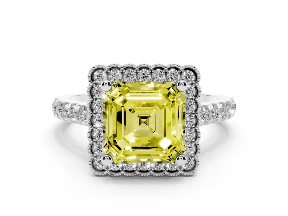 Fancy Yellow Asscher Cut Cut Diamond Milgrain Floral Halo Engagement Ring with Pavé Band Silver