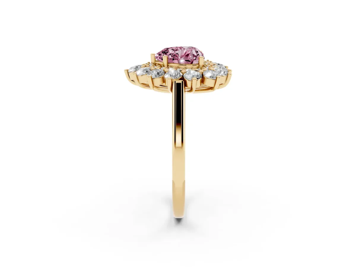 Fancy Pink Heart Cut Diamond Floral Double Halo Engagement Ring with Prong Setting Yellow gold