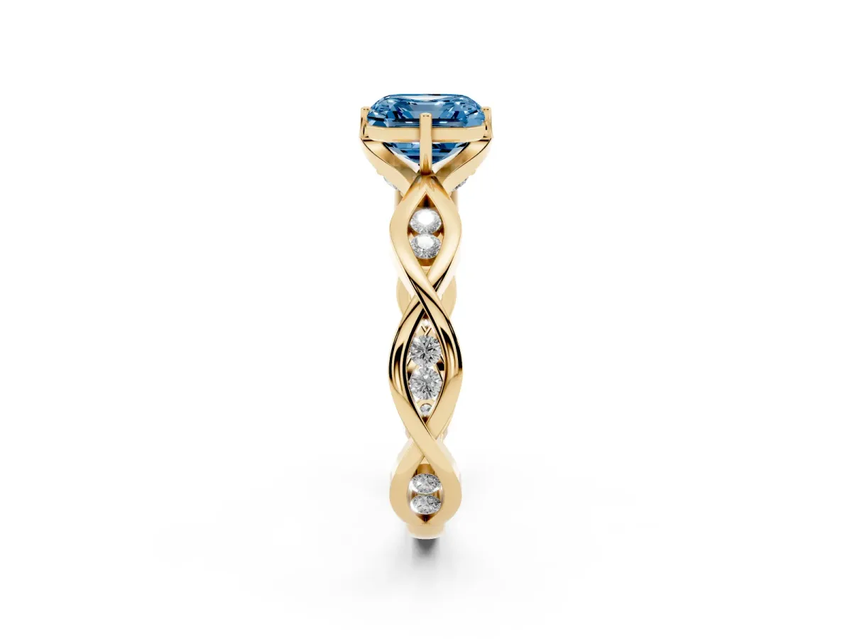 Fancy Blue Asscher Cut Solitaire Twist Band with Leaf Prong Setting Yellow gold