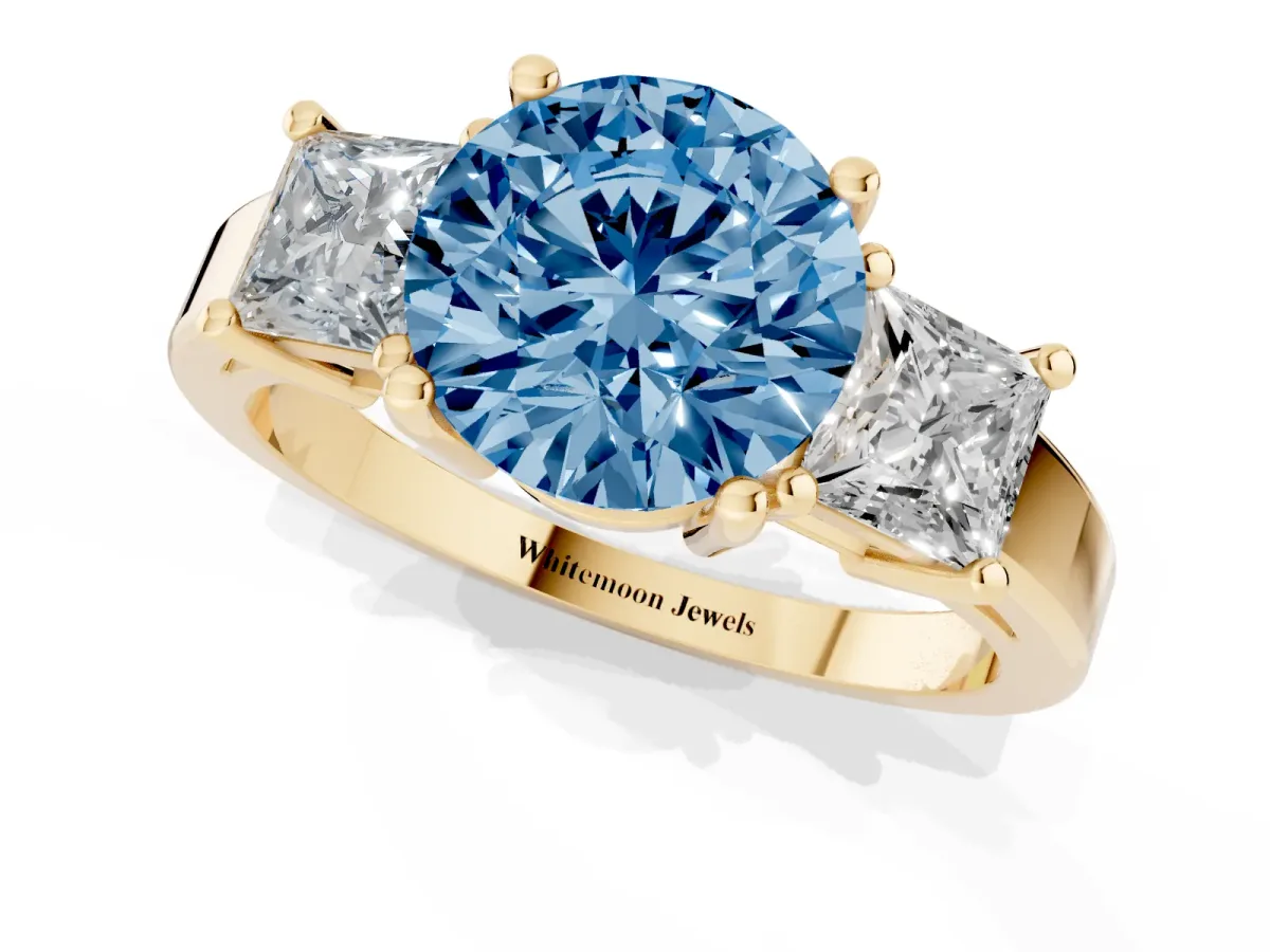 Fancy Blue Three-Stone Round Cut Cut Solitaire Ring with Prong Setting Yellow gold