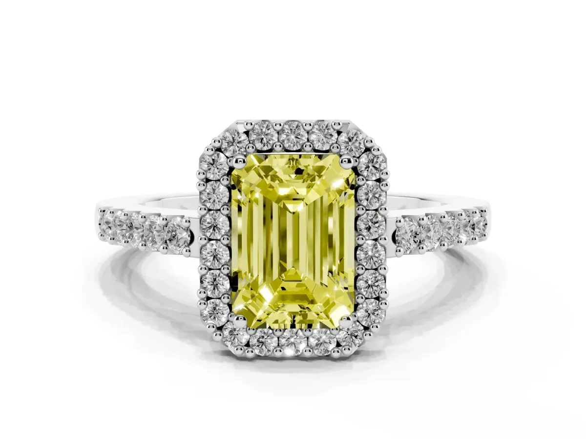 Fancy Yellow Emerald Cut Halo Diamond Pavé Solitaire Ring Silver