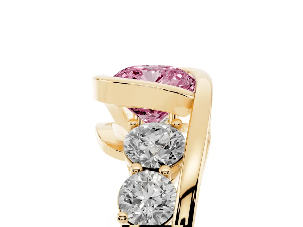 Fancy Pink Bezel Set Cushion Cut Diamond Bypass Ring with Round Accents Yellow gold