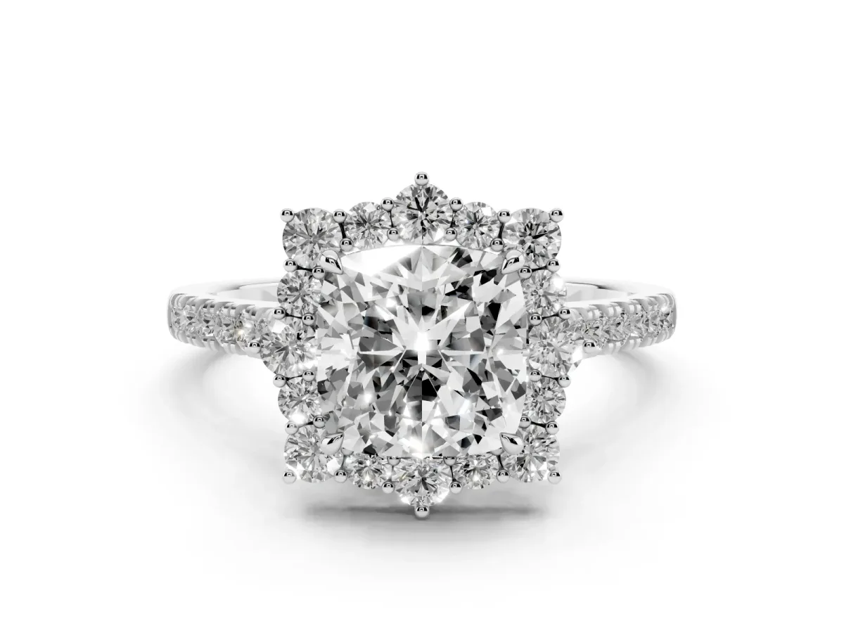 Cushion Cut Halo Diamond Ring with Pavé Band and Prong Setting Silver