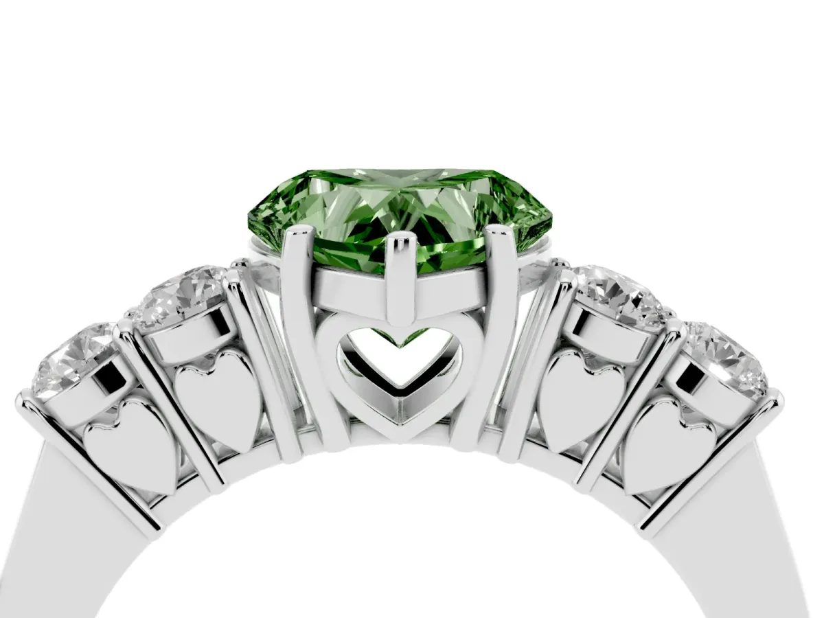 Fancy Green Heart Cut Cut Diamond Five-Stone Prong Set White Gold Ring Silver