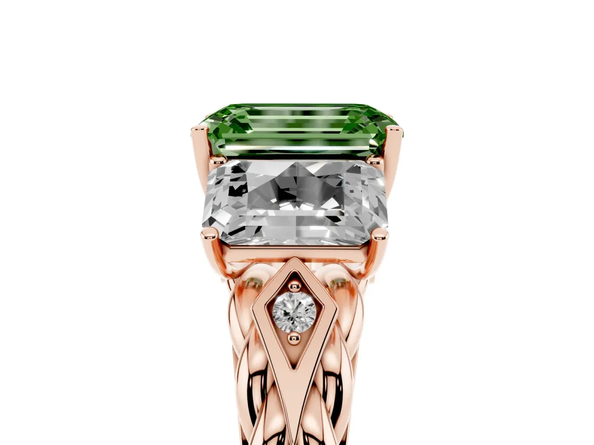 Fancy Green Three-Stone Radiant Cut Diamond Braided Band Ring with Four-Prong Setting Rose gold