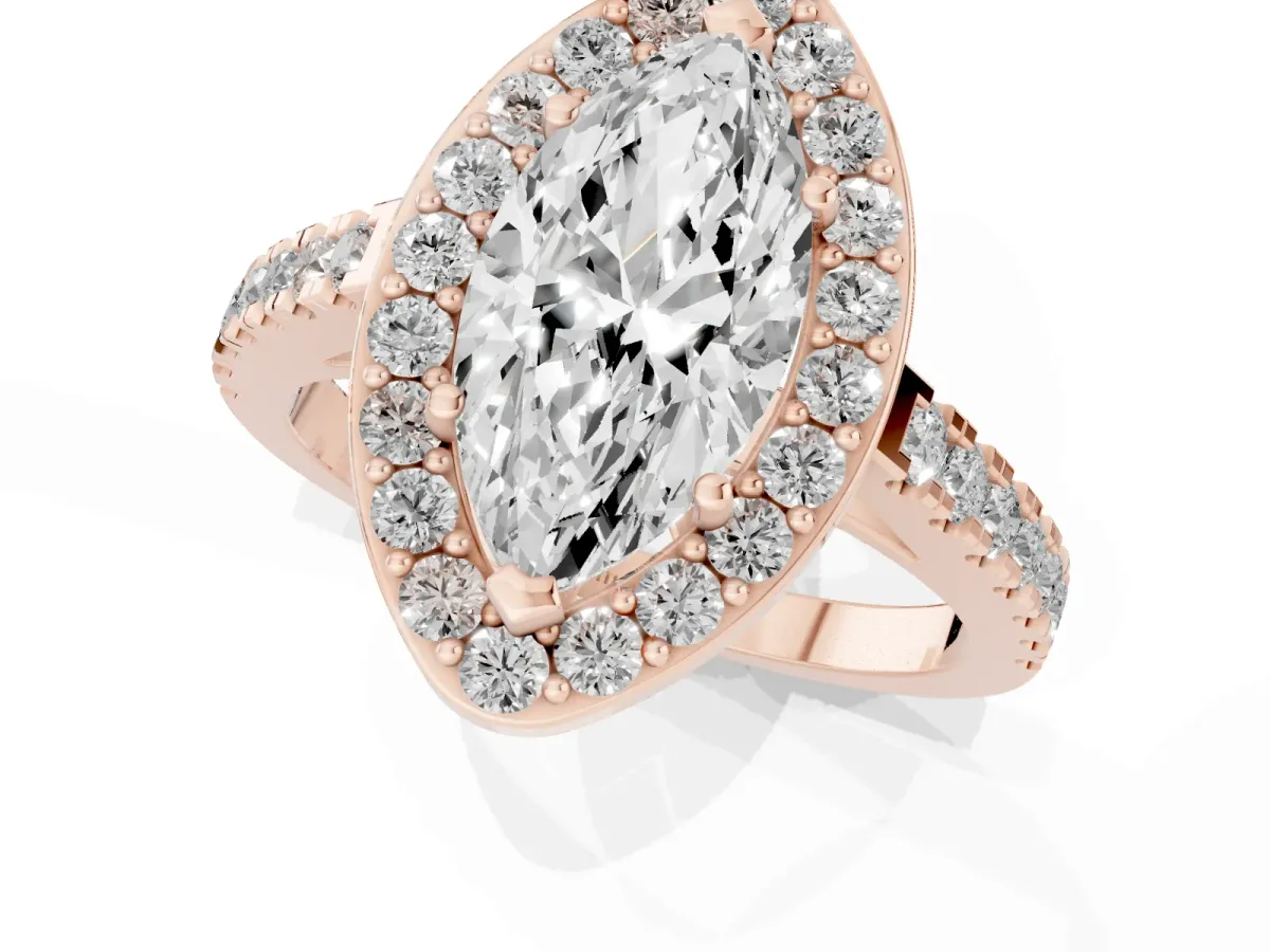 Marquise Cut Diamond Halo Ring with Round Pavé Split Shank and Prong Setting Rose gold