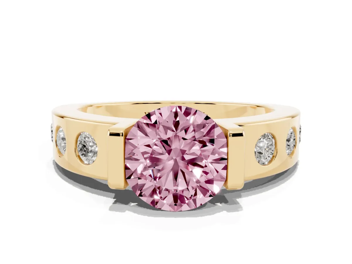 Fancy Pink Round Cut Brilliant Channel-Set Diamond Ring with Bezel Prong Setting Yellow gold