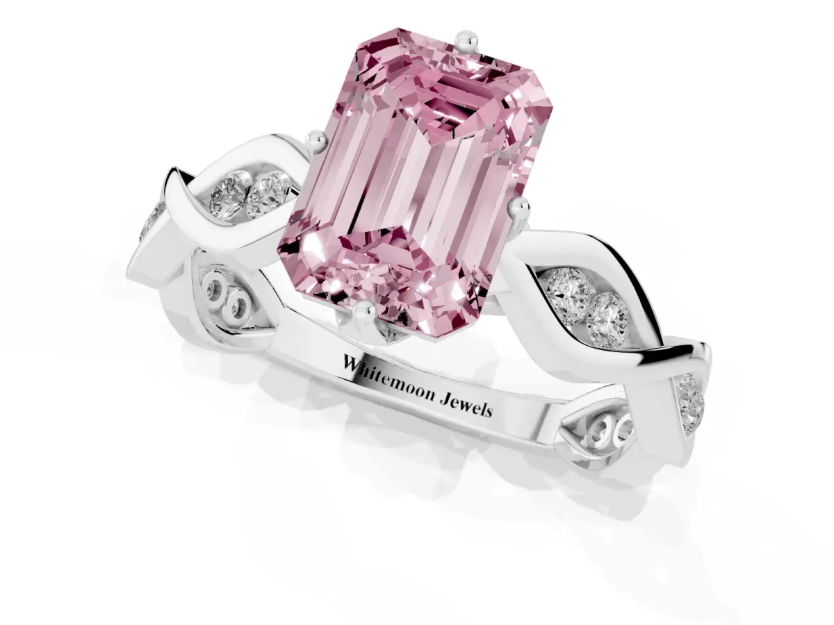Fancy Pink Emerald Cut Solitaire Twist Band with Leaf Prong Setting Platinum