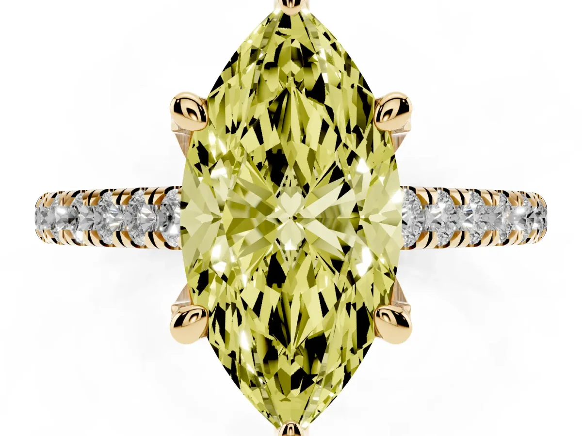 Fancy Yellow Marquise Cut Brilliant Diamond Solitaire with Pavé Band and Four-Prong Setting Yellow gold