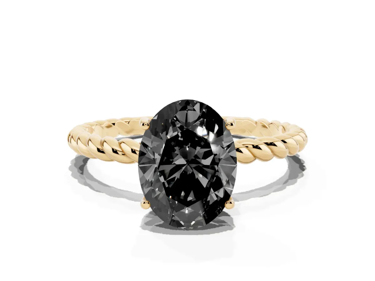 Fancy Black Oval Cut Solitaire Twisted Band 4-Prong Ring Yellow gold