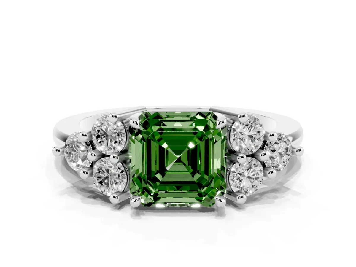 Fancy Green Asscher Cut Brilliant Diamond Cluster Accent Solitaire Ring with Prong Setting Platinum