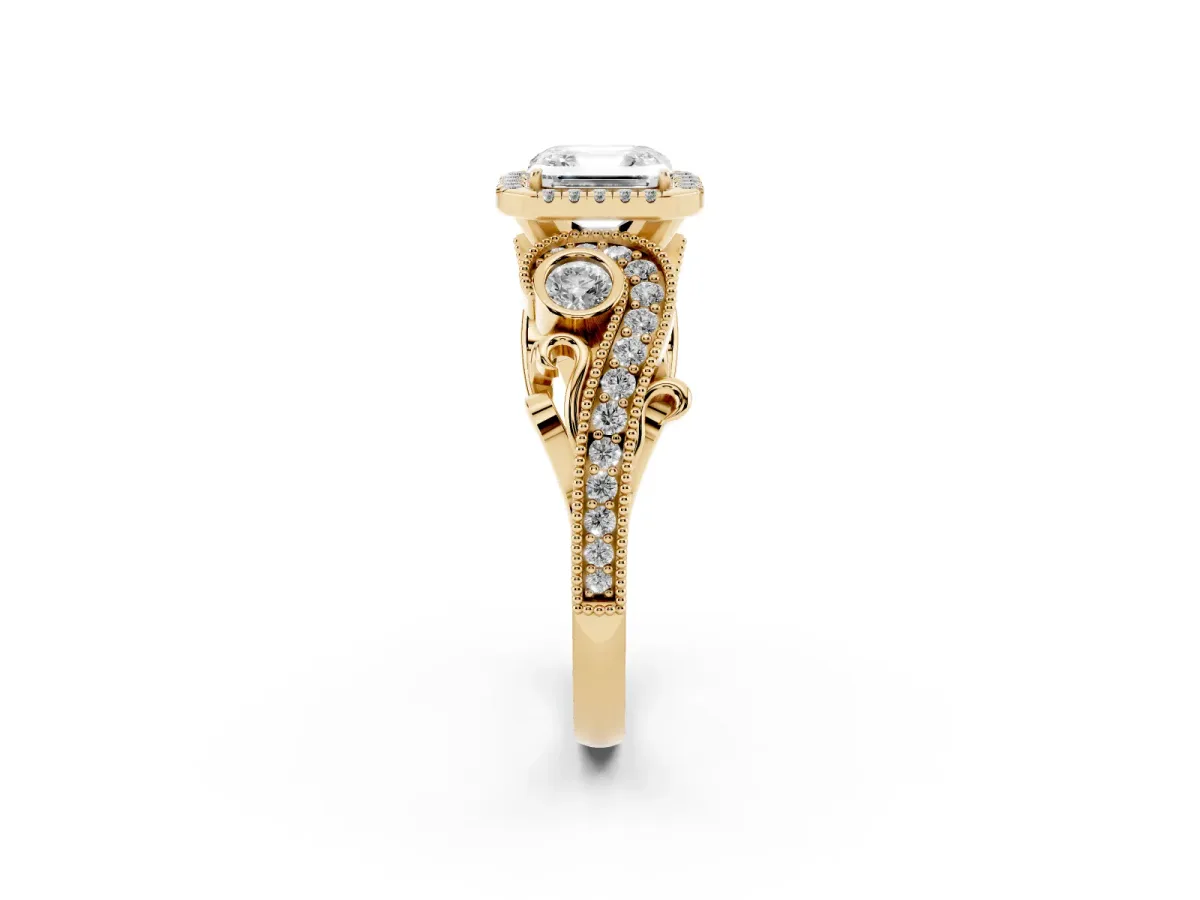 Asscher Cut Diamond Halo Ring with Milgrain Pavé Band and Four-Prong Setting Yellow gold