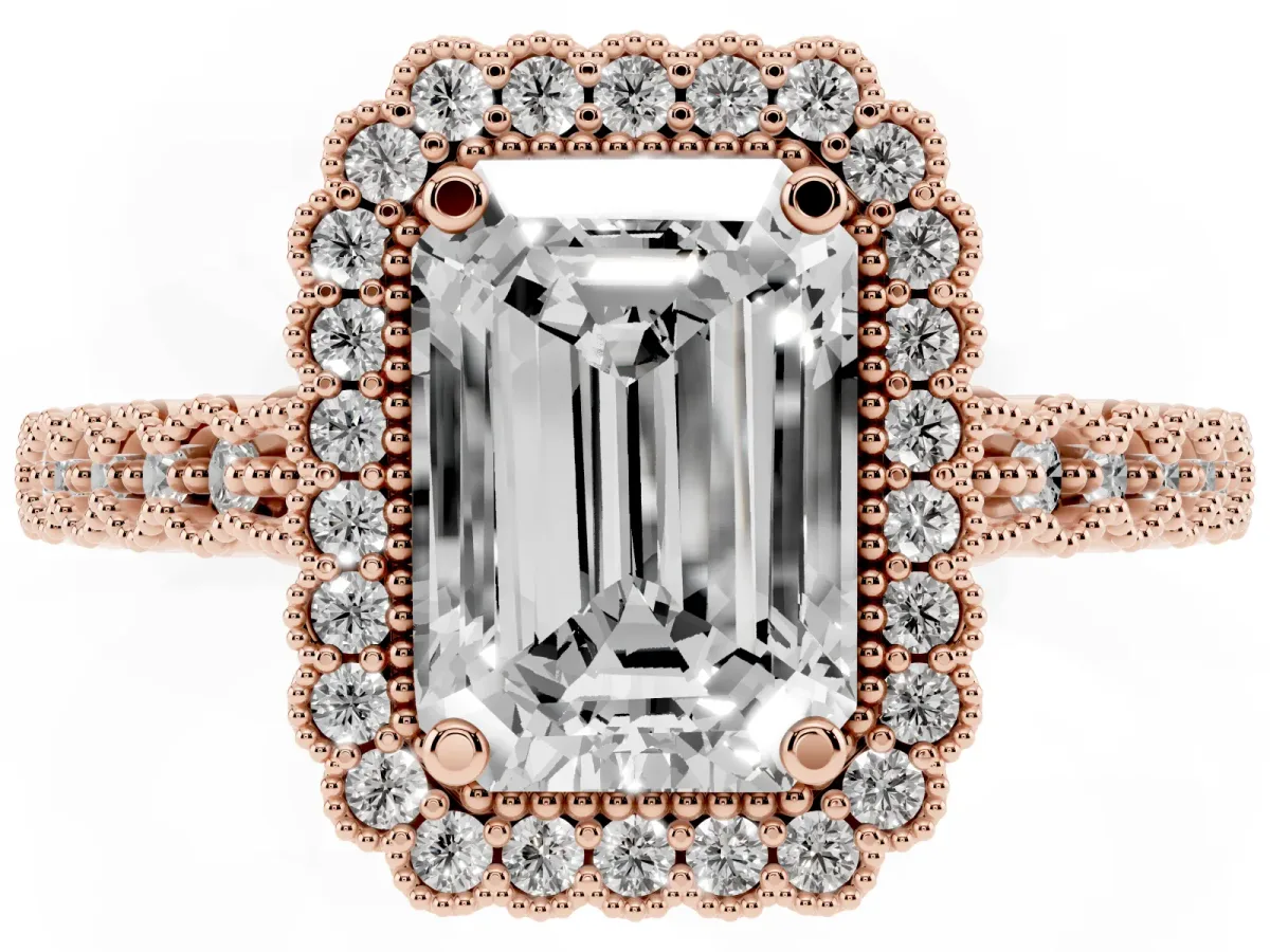Emerald Cut Cut Halo Pavé Solitaire Ring with Milgrain Band Rose gold