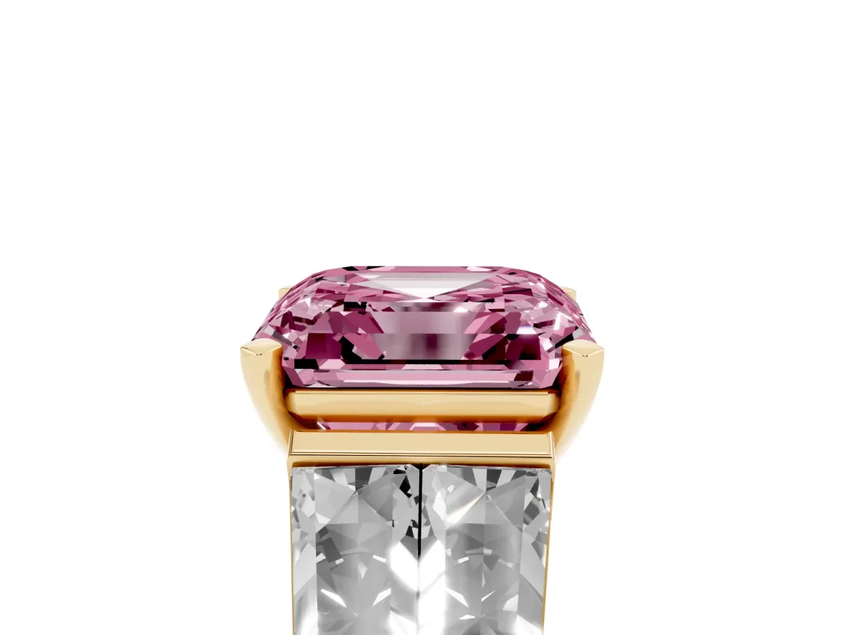 Fancy Pink Asscher Cut Diamond Engagement Ring with Baguette Side Stones and Channel Set Band Yellow gold