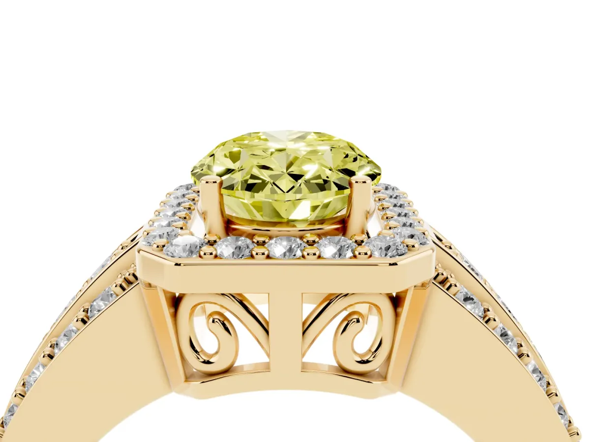 Fancy Yellow Oval Cut Halo Diamond Ring with Round Split Shank and Prong Setting Yellow gold