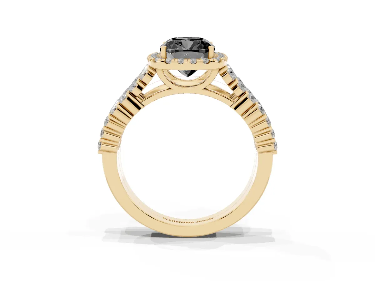 Fancy Black Cushion Cut Diamond Halo Engagement Ring with Triple Row Round Pavé Band and Prong Setting Yellow gold