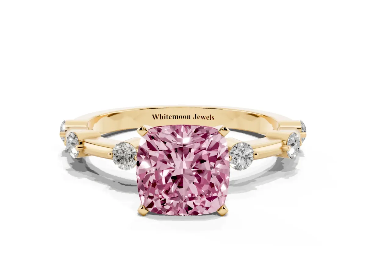 Fancy Pink Cushion Cut Solitaire Diamond Ring with Bezel Set Side Stones and Prong Setting Yellow gold