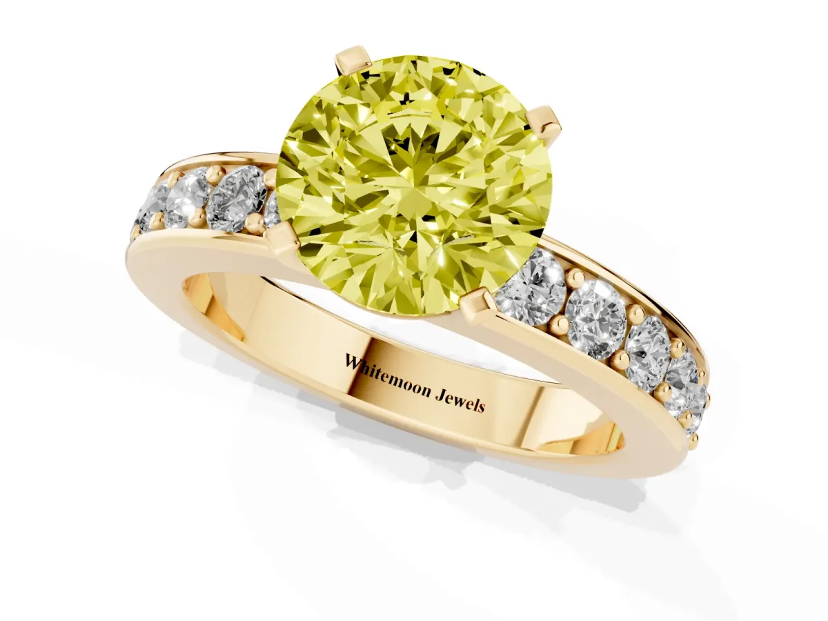 Fancy Yellow Round Cut Diamond Engagement Ring with Channel Set Round Band and Prong Setting Yellow gold