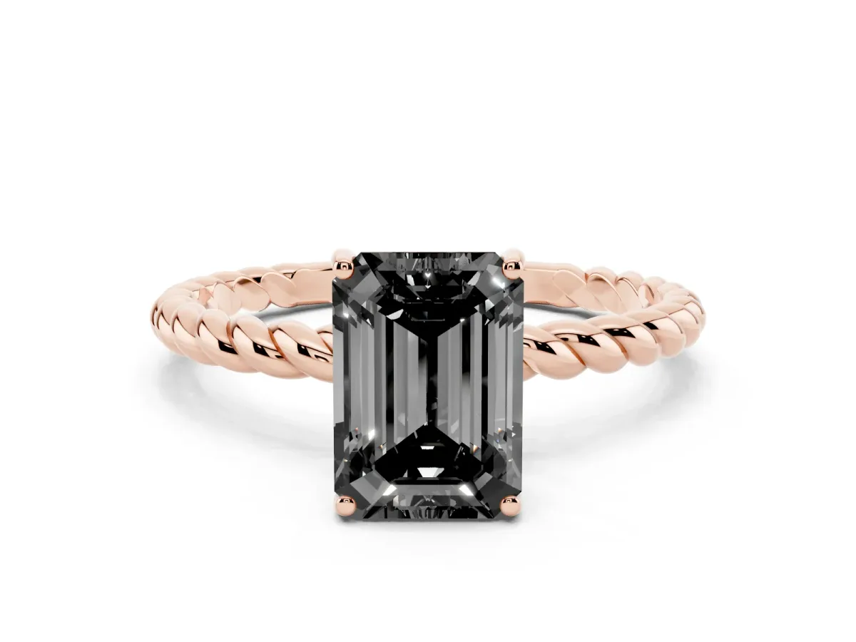 Fancy Black Emerald Cut Solitaire Twisted Band 4-Prong Ring Rose gold