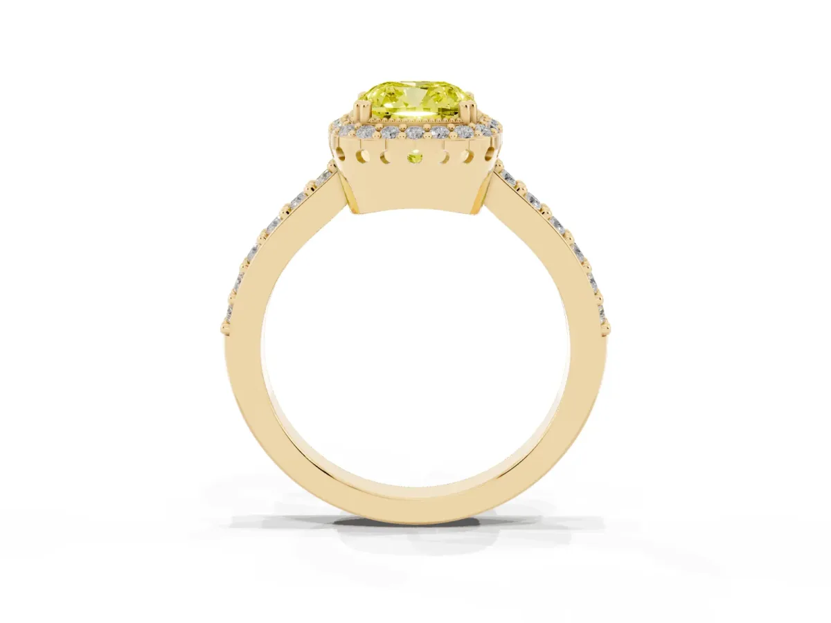 Fancy Yellow Cushion Cut Cut Diamond Halo Engagement Ring with Milgrain Detail and Pavé Band Yellow gold