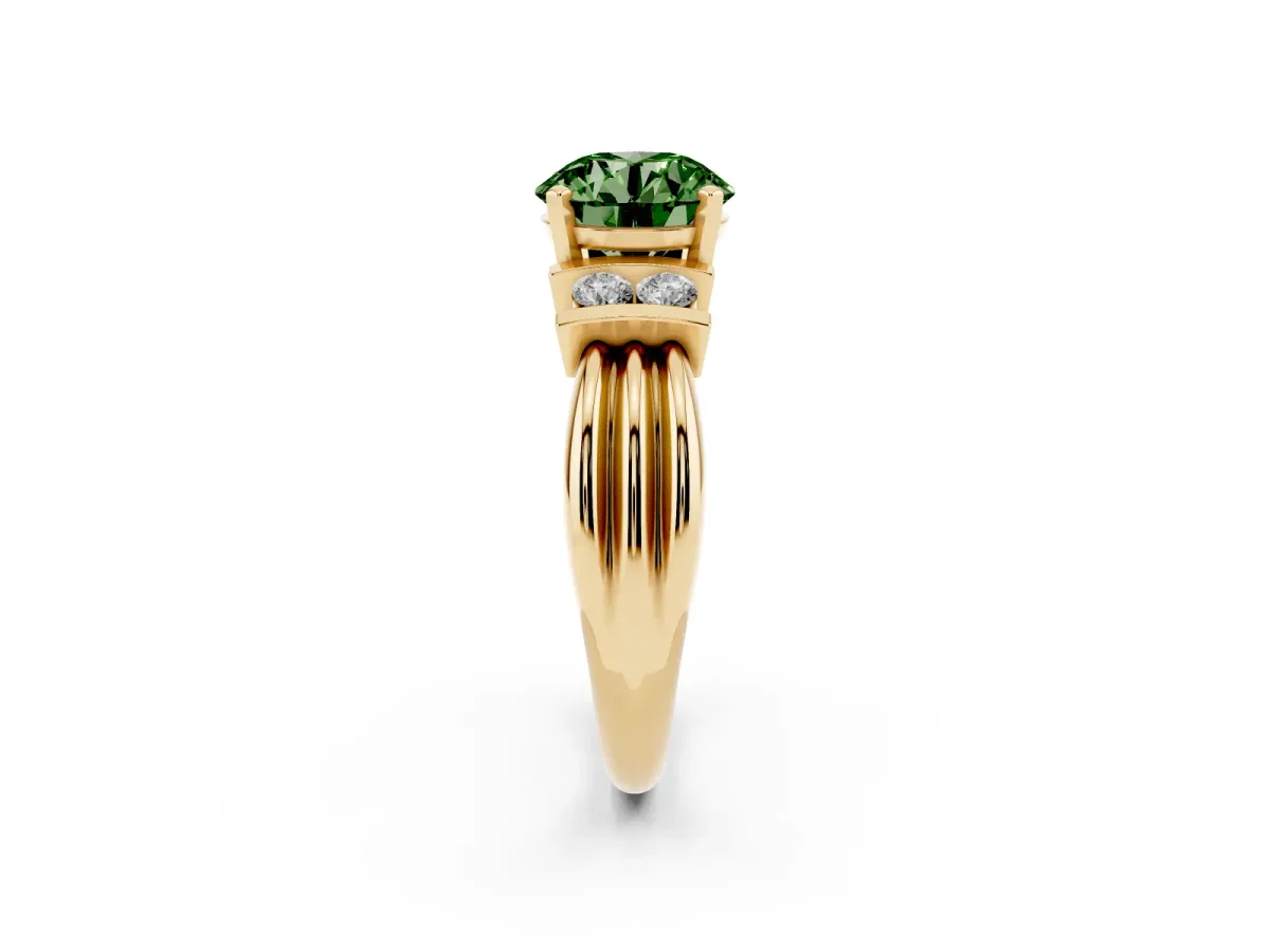 Fancy Green Round Cut Cut Three-Stone Channel Set Ring with Bar Prongs Yellow gold