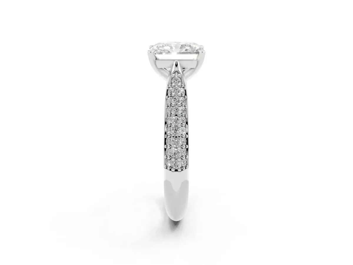 Radiant Cut Diamond Solitaire Engagement Ring with Multi-Row Round Pavé Band and Prong Setting Platinum