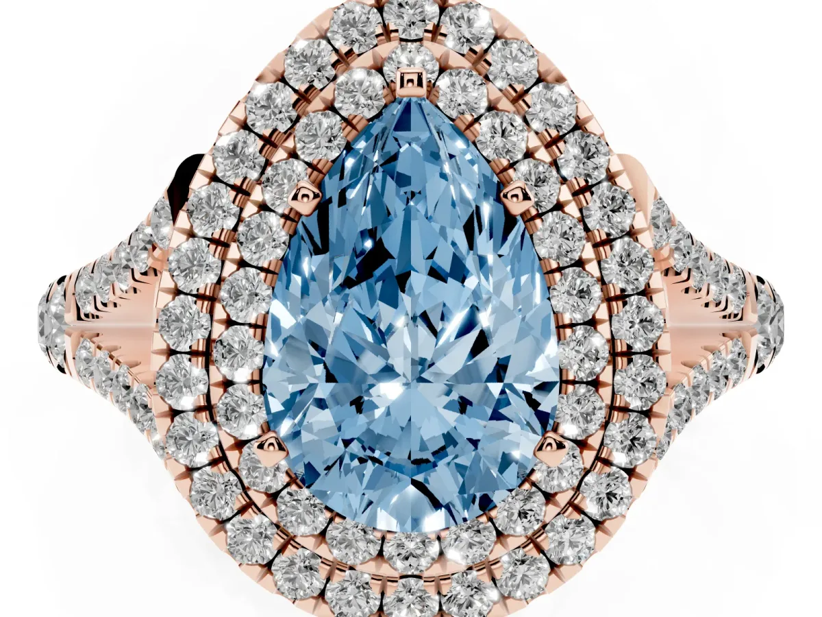 Fancy Blue Pear Cut Cut Double Halo Split Shank Diamond Ring with Prong Setting Rose gold