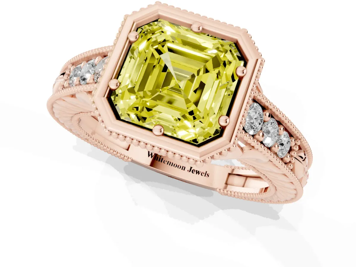 Fancy Yellow Bezel Set Asscher Cut Diamond Milgrain Pave Engagement Ring Rose gold