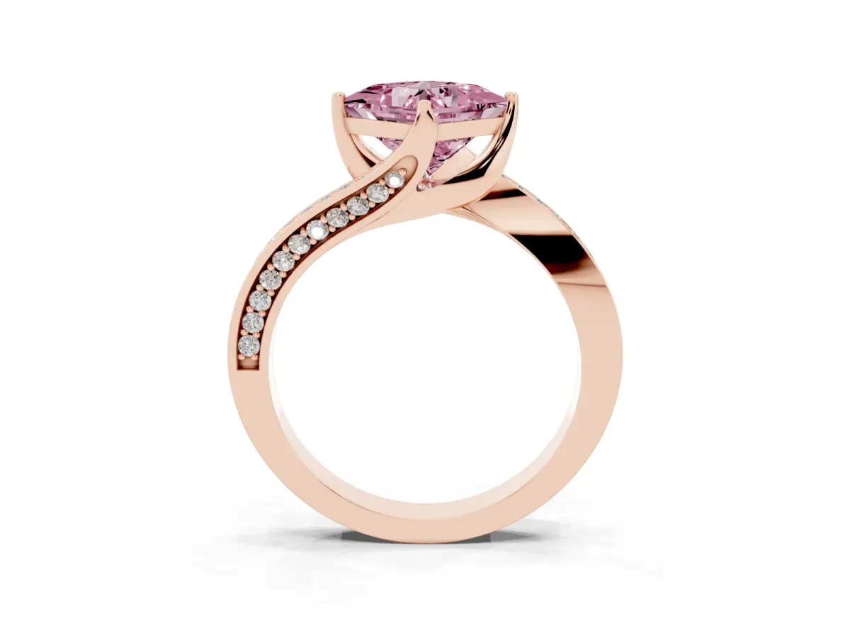 Fancy Pink Princess Cut Solitaire Diamond Twist Band with Pavé Setting and Four-Prong Setting Rose gold