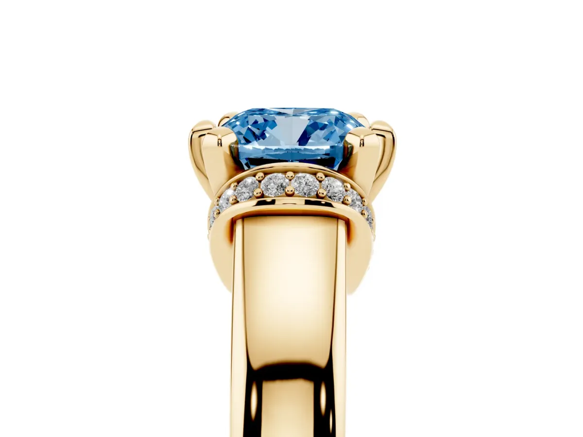 Fancy Blue Cushion Cut Solitaire Diamond Ring with Pave Band and Six-Prong Setting Yellow gold